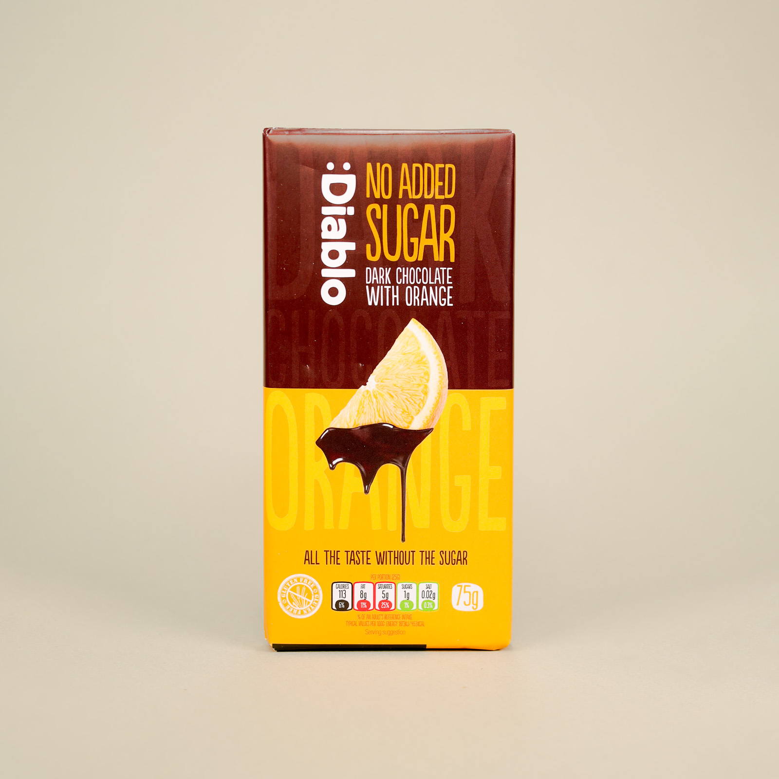 Ciocolată neagră DIABLO cu portocală, fără zahăr adăugat, 75 g