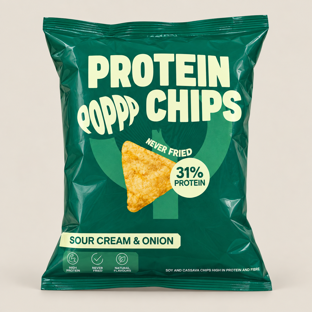 Chipsuri proteice QNT Protein Poppp Chips Sour Cream & Onion, ambalaj verde de 50 g
