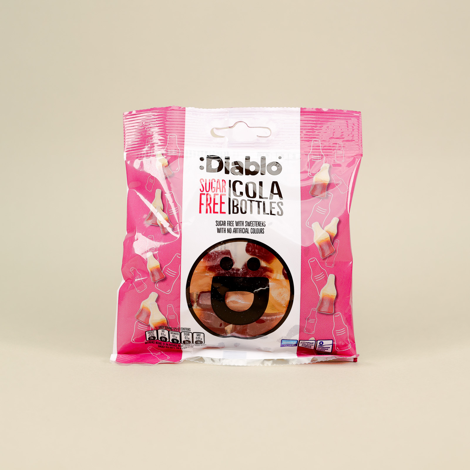Bomboane gumate DIABLO Cola Bottles fără zahăr, pachet de 75 g.