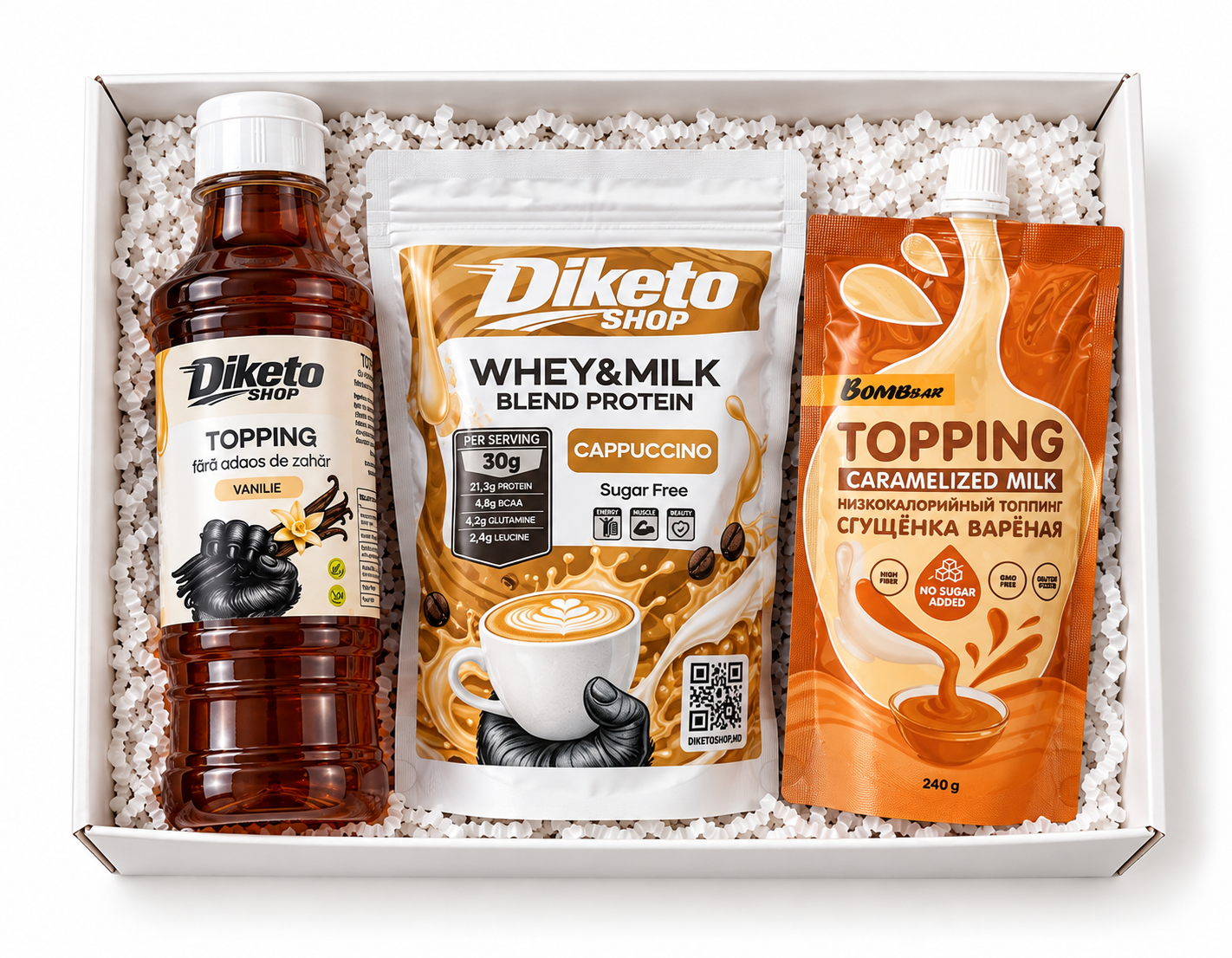 Бокс Protein Coffee с протеином Diketo Shop «Капучино», ванильным топпингом и топпингом Bombbar «Варёная сгущёнка».