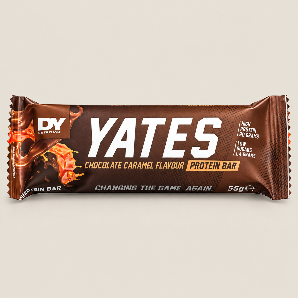 Baton proteic DY Nutrition YATES Chocolate Caramel, ambalaj maro de 55 g